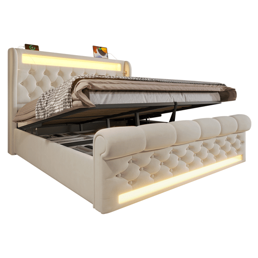 Cama estofada 160x200cm - Cama hidráulica com cabeceira com arrumação, portas USB e Tipo-C, com luzes LED - Bege