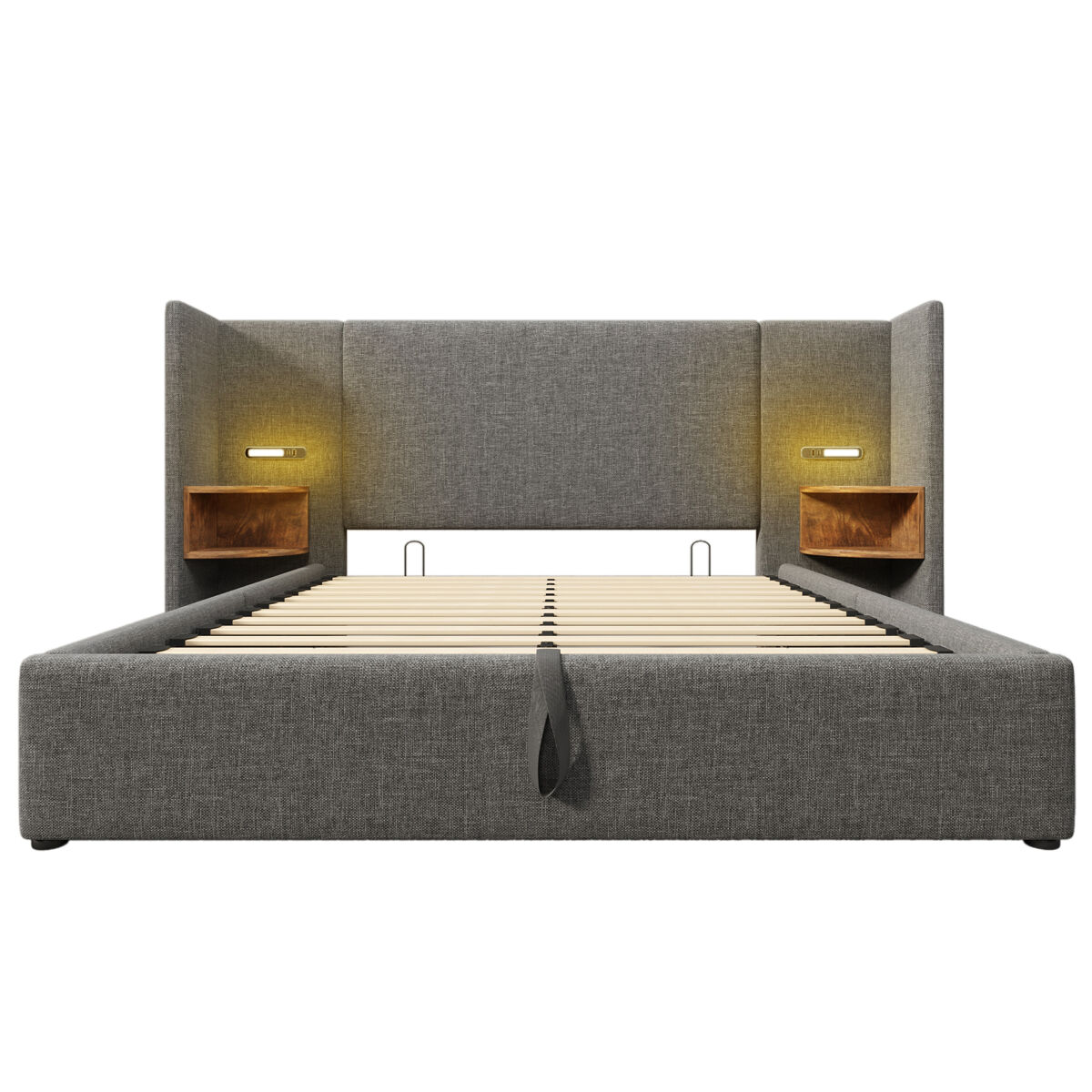 Cama tapizada 160×200 - con mesita, lámpara de lectura y carga usb type-c, estructura de madera y metal con almacenamiento - gris