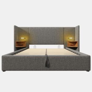 Cama estofada 160×200 - com mesa de cabeceira, candeeiro de leitura e carregador USB Type-C, estrutura em madeira e metal com arrumação - Cinza