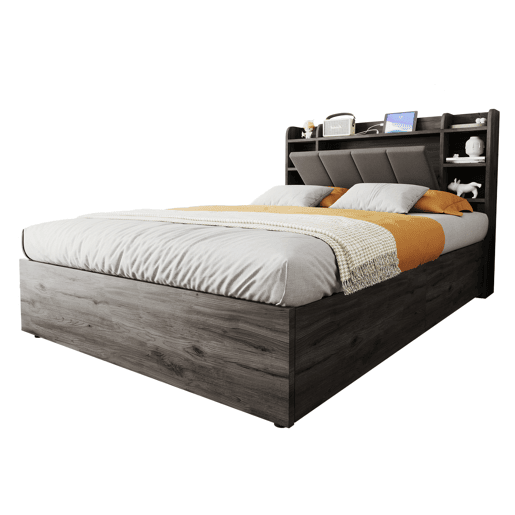 Cama de madeira 140x200 cm - Cama hidráulica, cabeceira com arrumação, USB e tomada tipo C - Cinza