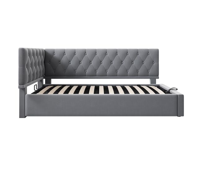 Cama individual 90x200 cm - sofá cama con almacenamiento hidráulico, estructura de madera con somier, terciopelo - gris