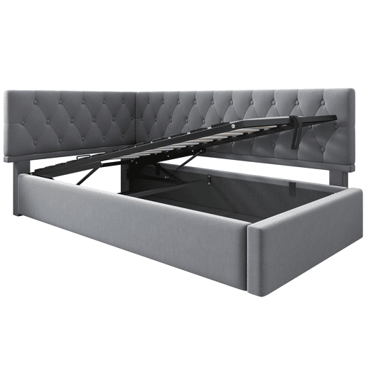 Cama individual 90x200 cm - Sofá-cama com armazenamento hidráulico, estrutura em madeira com estrado, veludo - Cinza