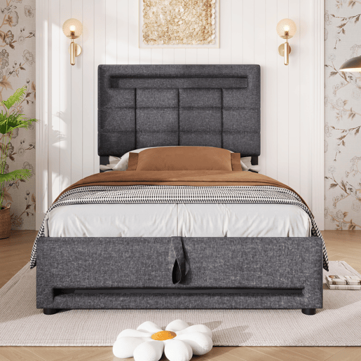 Cama estofada 90x200cm - Com comando remoto APP, com luzes LED, armazenamento hidráulico, com porta USB - Cinza