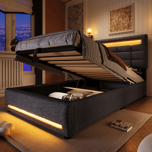 Cama estofada 90x200cm - Com comando remoto APP, com luzes LED, armazenamento hidráulico, com porta USB - Cinza