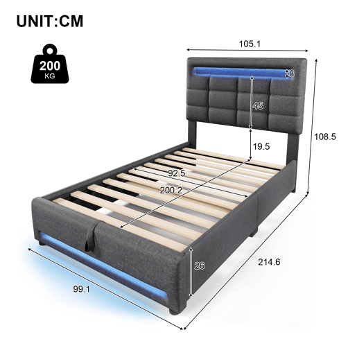 Cama estofada 90x200cm - Com comando remoto APP, com luzes LED, armazenamento hidráulico, com porta USB - Cinza