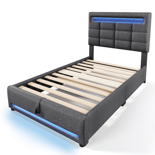 Cama estofada 90x200cm - Com comando remoto APP, com luzes LED, armazenamento hidráulico, com porta USB - Cinza