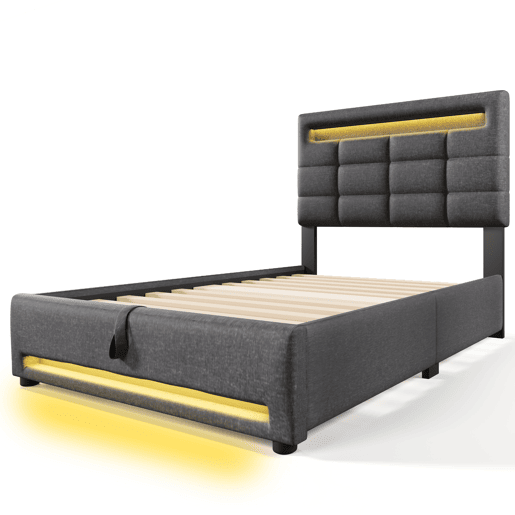 Cama estofada 90x200cm - Com comando remoto APP, com luzes LED, armazenamento hidráulico, com porta USB - Cinza