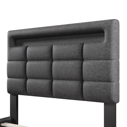 Cama estofada 90x200cm - Com comando remoto APP, com luzes LED, armazenamento hidráulico, com porta USB - Cinza