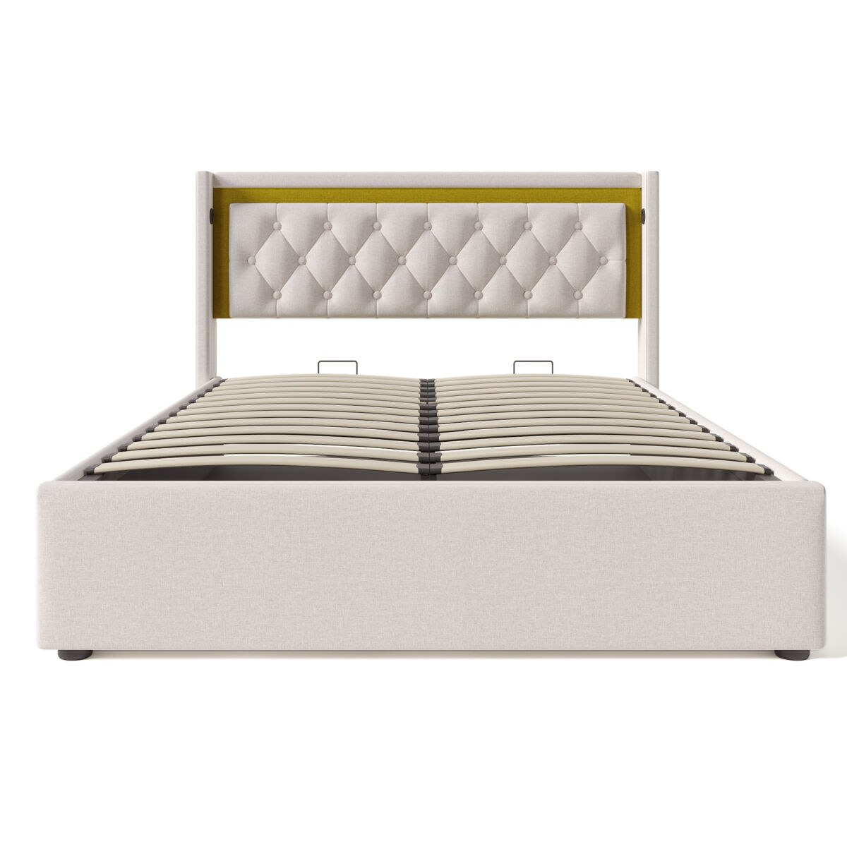 Cama tapizada led 140x200 - estante con almacenamiento, función de carga usb tipo c, cabecero, estructura de algodón - beige