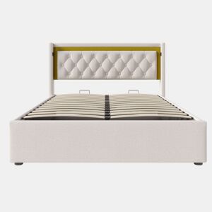 Cama estofada LED 140x200 - Estante com arrumação, função de carregamento USB Tipo C, cabeceira, estrutura em algodão - Bege