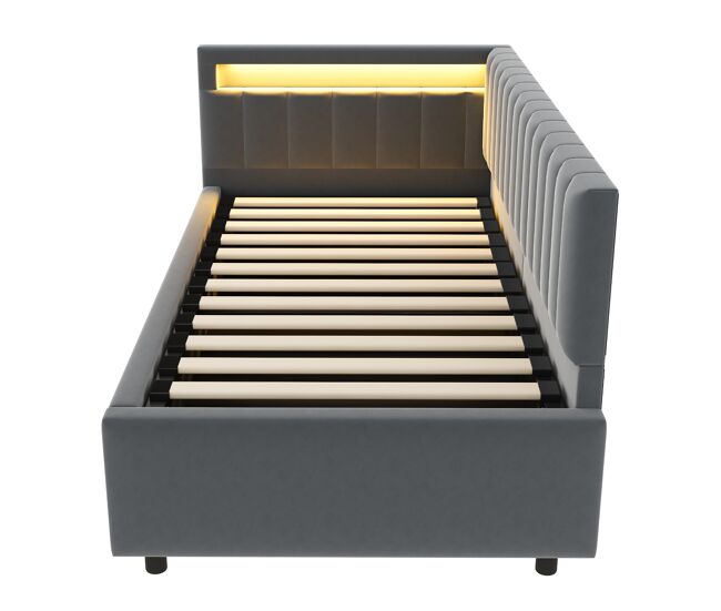 Sofá cama 90x200 - con led, almacenamiento hidráulico, diseño de rayas verticales, cabeceros laterales ajustables, somier, terciopelo - gris