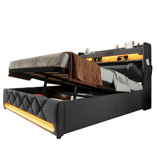 Cama de casal 140x200 - Cabeceira com arrumação, portas USB e tipo C, função LED 360° - Cinza
