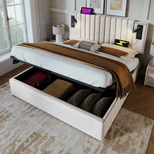Cama estofada 160x200 - Cama de casal com arrumação, luz de leitura com porta USB, cabeceira com design de tachas, estrado e caixa de arrumação - Bege