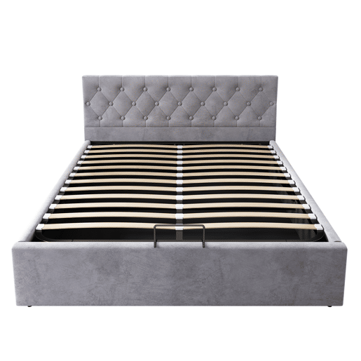 Cama estofada 140x200 cm - Cabeceira capitoné, cama de casal, cama hidráulica com arrumação, estrado - Cinza