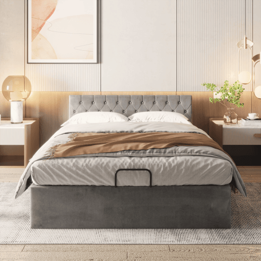 Cama estofada 140x200 cm - Cabeceira capitoné, cama de casal, cama hidráulica com arrumação, estrado - Cinza