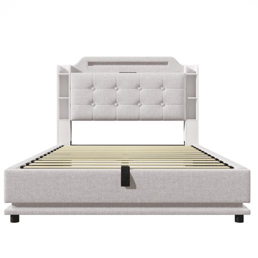 Cama estofada 140*200 cm - Com barra LED, espaço de armazenamento hidráulico, vários compartimentos, sem colchão, USB + TYPE-C - Bege