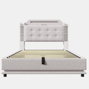 Cama estofada 140*200 cm - Com barra LED, espaço de armazenamento hidráulico, vários compartimentos, sem colchão, USB + TYPE-C - Bege