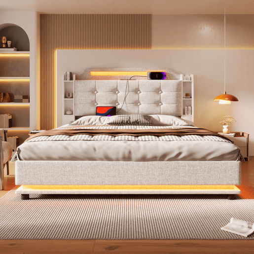 Cama estofada 140*200 cm - Com barra LED, espaço de armazenamento hidráulico, vários compartimentos, sem colchão, USB + TYPE-C - Bege