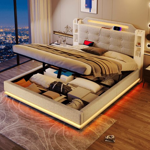 Cama estofada 140*200 cm - Com barra LED, espaço de armazenamento hidráulico, vários compartimentos, sem colchão, USB + TYPE-C - Bege