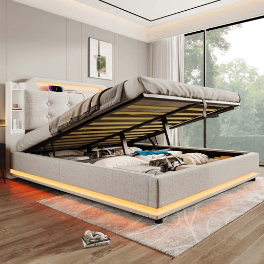 Cama estofada 140*200 cm - Com barra LED, espaço de armazenamento hidráulico, vários compartimentos, sem colchão, USB + TYPE-C - Bege