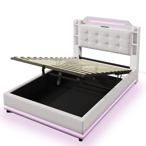 Cama estofada 140*200 cm - Com barra LED, espaço de armazenamento hidráulico, vários compartimentos, sem colchão, USB + TYPE-C - Bege