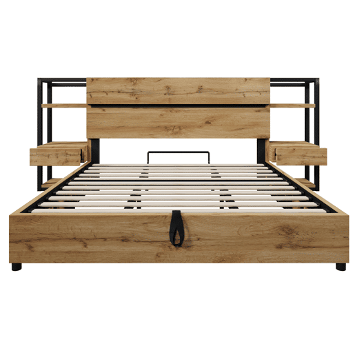 Cama de casal 180×200 cm - Cama hidráulica com arrumação, cabeceira com gavetas e portas USB e Type-C - Cor carvalho Cama de casal 180×200 cm - Cama hidráulica com arrumação, cabeceira com gavetas e portas USB e Type-C - Cor carvalho