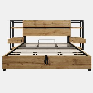Cama de casal 180×200 cm - Cama hidráulica com arrumação, cabeceira com gavetas e portas USB e Type-C - Cor carvalho