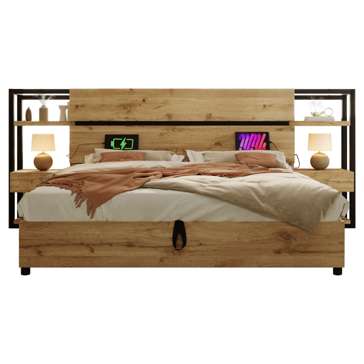 Cama de casal 180×200 cm - Cama hidráulica com arrumação, cabeceira com gavetas e portas USB e Type-C - Cor carvalho Cama de casal 180×200 cm - Cama hidráulica com arrumação, cabeceira com gavetas e portas USB e Type-C - Cor carvalho
