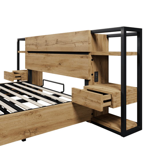 Cama de casal 180×200 cm - Cama hidráulica com arrumação, cabeceira com gavetas e portas USB e Type-C - Cor carvalho Cama de casal 180×200 cm - Cama hidráulica com arrumação, cabeceira com gavetas e portas USB e Type-C - Cor carvalho