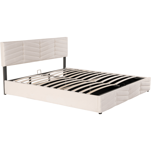 Cama estofada 180x200 cm - Cama de casal hidráulica com cabeceira ajustável, estilo riscas, veludo - Bege