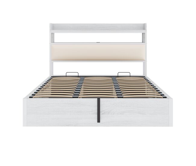 Cama 180x200 - con elevación hidráulica, usb, cabecero acolchado, diseño vintage de madera y metal, con almacenamiento oculto - blanco