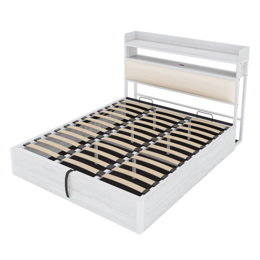 Cama 180x200 - Com elevação hidráulica, USB, cabeceira acolchoada, design vintage em madeira e metal, com arrumação oculta - Branco