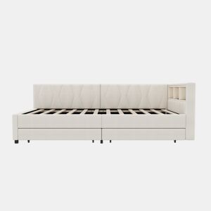 Cama de dia 90x200cm - Sofá-cama, compartimento de arrumação, USB + Tipo C, comando remoto para luz ambiente LED, com duas gavetas, com estrado (sem colchão) - Bege