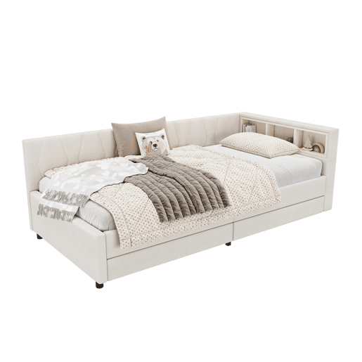 Cama de dia 90x200cm - Sofá-cama, compartimento de arrumação, USB + Tipo C, comando remoto para luz ambiente LED, com duas gavetas, com estrado (sem colchão) - Bege
