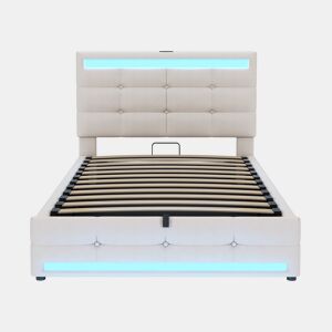 Cama infantil 90*200 - Cama com armazenamento hidráulico, USB e luz LED que muda de cor - Bege