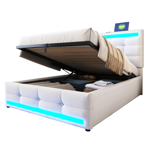 Cama infantil 90*200 - Cama com armazenamento hidráulico, USB e luz LED que muda de cor - Bege