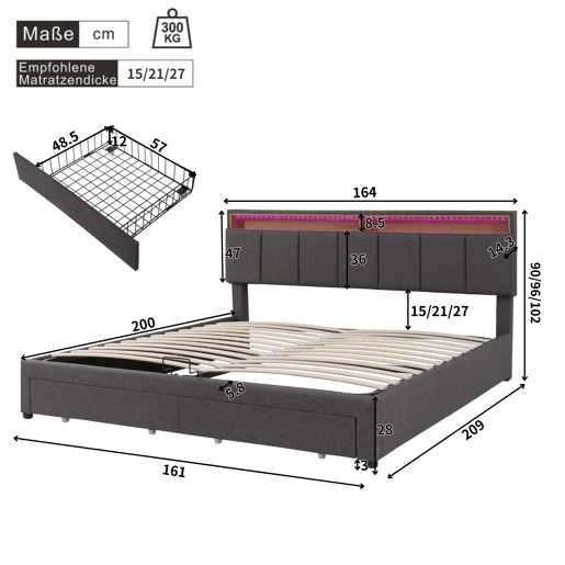 Cama estofada 160*200 - LED, armazenamento hidráulico, gavetas e cabeceira rebatível - cinzento