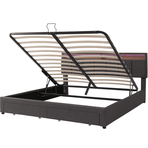 Cama estofada 160*200 - LED, armazenamento hidráulico, gavetas e cabeceira rebatível - cinzento