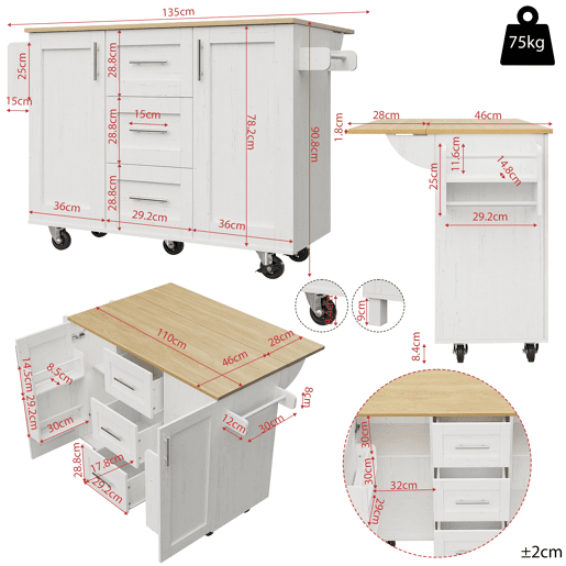 Ilha de cozinha - com painéis removíveis, rodas removíveis, armário auxiliar, superfície de trabalho e toalheiro lateral - com acabamento em madeira - branco