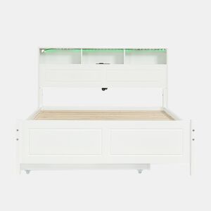 Cama de casal 120x200&90x190cm - Cama plana, cama familiar, com fitas de luz ambiente, porta de carregamento integrada, cama extraível, arrumação na cabeceira - Branco