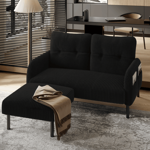 Sofá de 2 lugares - Estofamento confortável, encosto alto, bolsos laterais, pés metálicos - Preto Sofá de 2 lugares - Estofamento confortável, encosto alto, bolsos laterais, pés metálicos - Preto