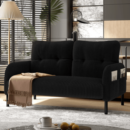 Sofá de 2 lugares - Estofamento confortável, encosto alto, bolsos laterais, pés metálicos - Preto Sofá de 2 lugares - Estofamento confortável, encosto alto, bolsos laterais, pés metálicos - Preto
