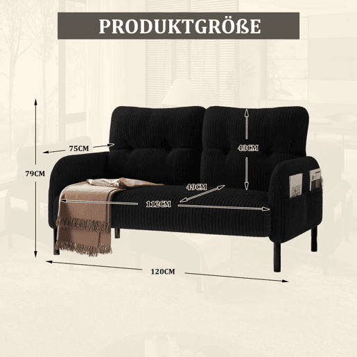 Sofá de 2 lugares - Estofamento confortável, encosto alto, bolsos laterais, pés metálicos - Preto Sofá de 2 lugares - Estofamento confortável, encosto alto, bolsos laterais, pés metálicos - Preto
