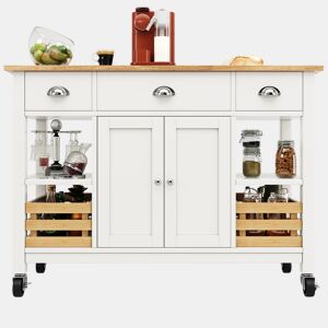 Ilha de cozinha moderna 120×45×90 cm - Móvel de cozinha, carrinho de sala de jantar multifuncional, com cesto de armazenamento em pinho - Branco