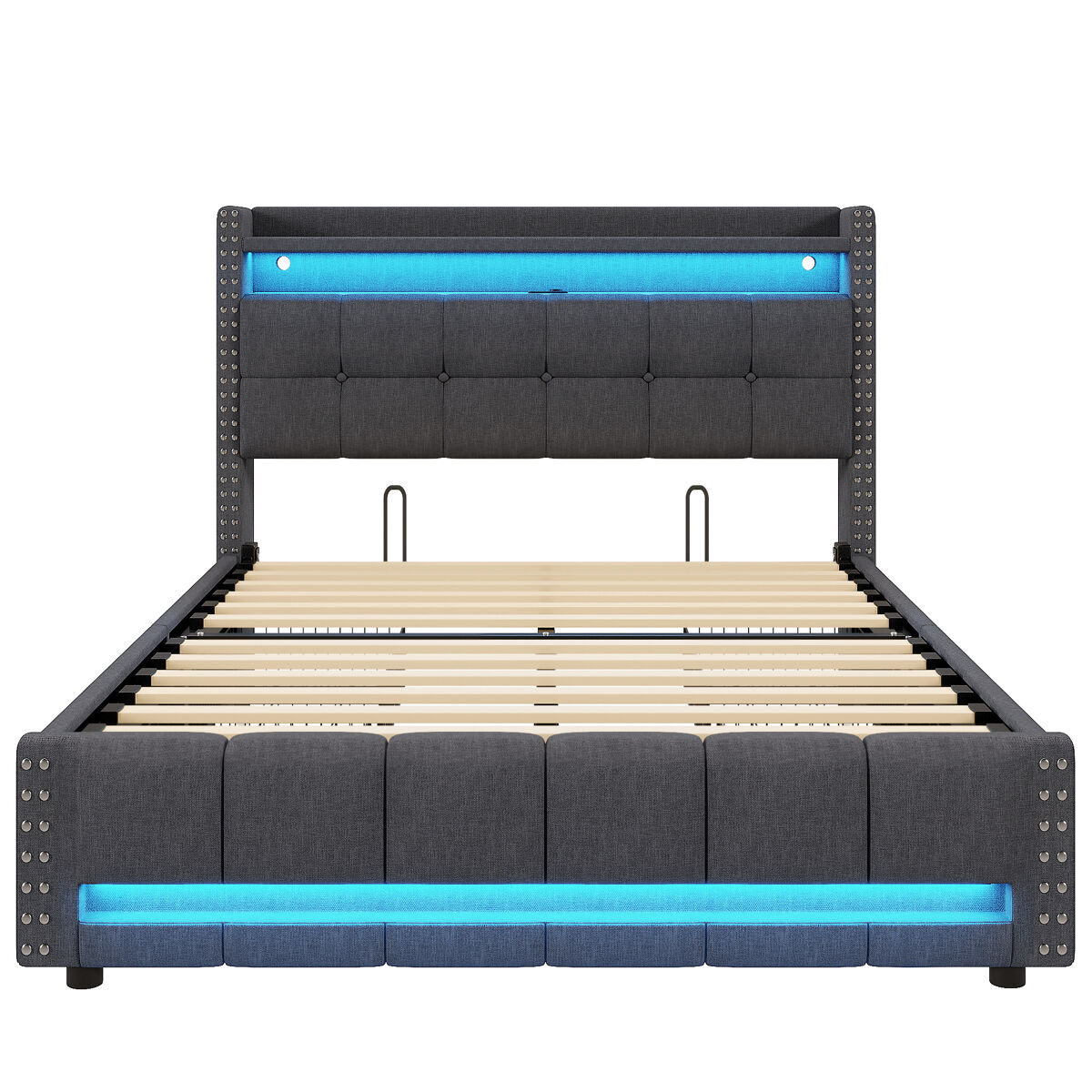 Cama tapizada 160*200 - con iluminación led, puerto usb, cabecero con estantes y almacenamiento, 4 cajones - gris