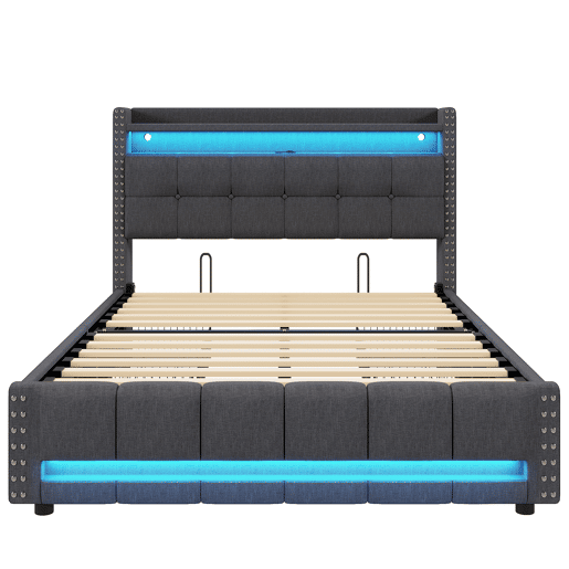 Cama estofada 160*200 - Com iluminação LED, porta USB, cabeceira com prateleiras e arrumação, 4 gavetas - Cinza