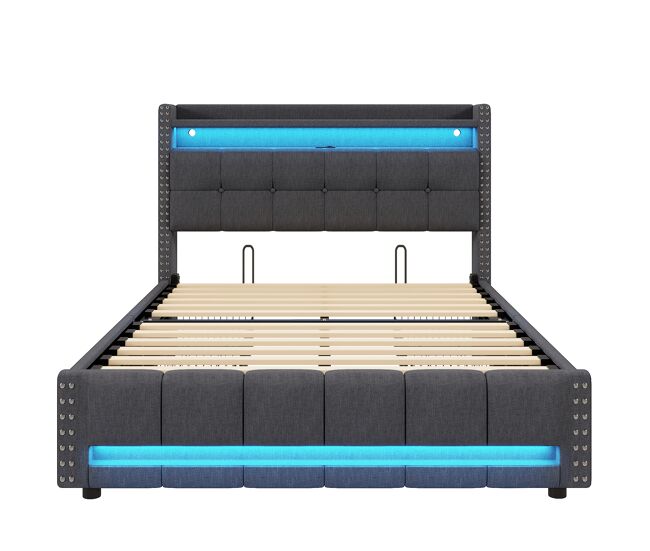 Cama tapizada 160*200 - con iluminación led, puerto usb, cabecero con estantes y almacenamiento, 4 cajones - gris