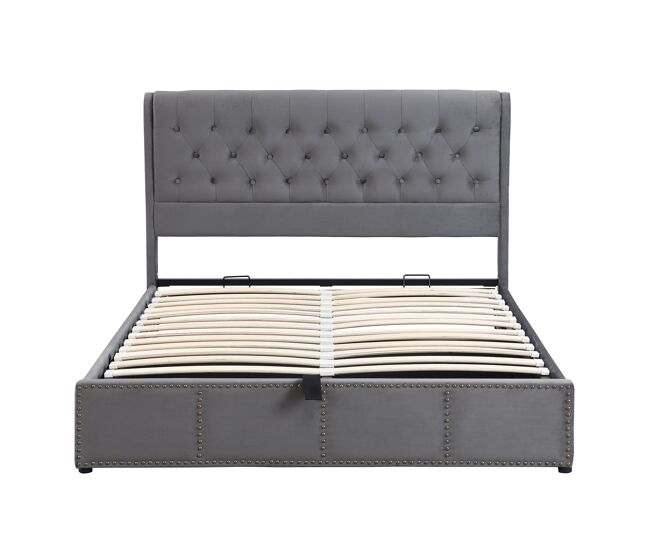 Cama tapizada 140x190 cm - con arcón hidráulico y detalles de tachuelas - gris