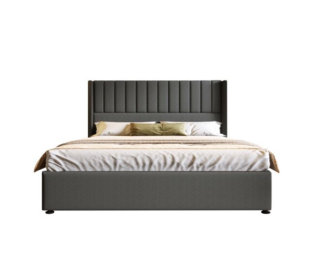 Cama hidráulica 160x200cm - estructura de madera y metal, tapizada en lino - gris
