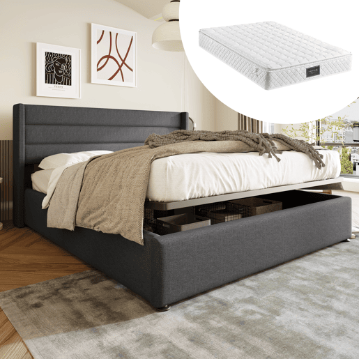 Cama de casal hidráulica 160x200 - estofada, com colchão e estrado de madeira e metal - Cinza